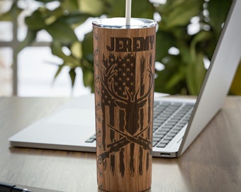 Deer Hunting Tumbler with Straw Custom Name Gift Personalized Hunting Gifts For Men Fathers Day Gift for Hunter Camo Wood Grain Gift for Dad