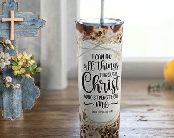 Christian Tumbler With Straw Affirmation Tumbler With Straw Gift for Her Gift For Mother's Day Bible Verse Insulated Travel Mug Leopard