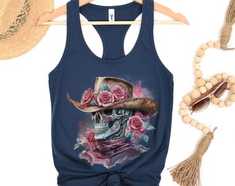 Boho Western Skull Tank Top Cowgirl Shirts Summer Tank Southwest Clothing Western Mama Graphic Tee  Howdy Shirt Wild West Gift Skeleton Pink