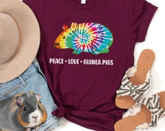 Guinea Pig Shirts Peace Love Guinea Pigs Tee Cute Pet Lover Shirts Womens Tshirts Gift for Her for Retro Hippie 60s 70s Summer Tees Animals