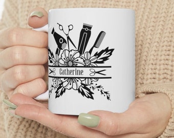 Personalized Hair Stylist Coffee Mug Hair Dresser Gift Hairstylist White Ceramic 11 oz Barber Beautician Gifts for Her Friend Cosmetology