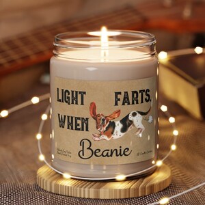 Basset Hound Candle Personalized Gift Light When Name Farts Basset Mom Dad Gift Funny Gift for Dog Lover Deodorant Odor Eliminator Stocking image 1