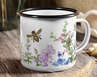 Wildflower Bee Enamel Mug Campfire Mugs Camping Home Decor Botanical Floral Watercolor Art Flower Enamel Art Cottagecore Colorful Flowers