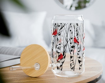 Cardinal Birch Tree Glass with Straw Travel Cups 16oz Sipper Glass Bird Lover Gift for Mom Mothers Day Kitchen Home Decor Wood Top Nature