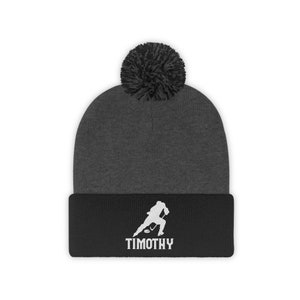 Personalized Name Hockey Pom Pom Beanie Winter Hat Kids Boys Gifts Embroidered Hockey Lover Birthday Gift for Him Custom Name Gift image 3