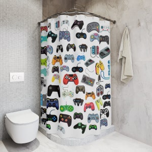 Video Game Shower Curtain Boys Bathroom Curtains Home Decor Bath Kids Teens Gaming Gifts Gift for Him Birthday Game Controller image 1