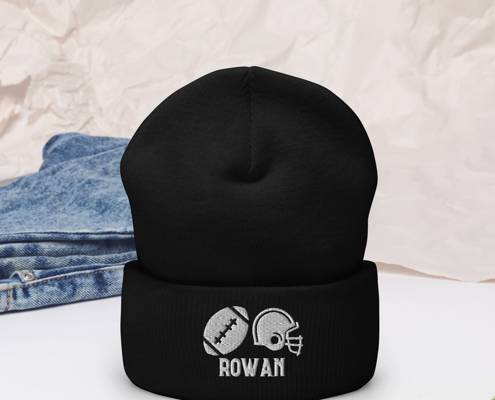 Personalisierter Name Fußball-Beanie mit Bommel, Fußball-Wintermütze, Geschenke für Kinder und Jungen, bestickt, Fußball-Liebhaber, Geburtstagsgeschenke, Einheitsgröße, mit Bündchen
