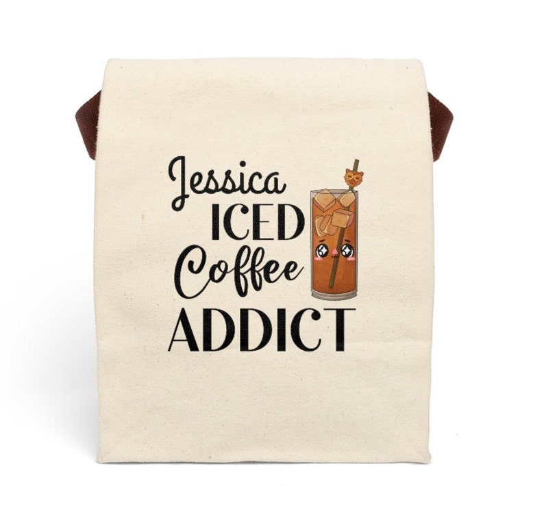 Custom Iced Coffee Addict Canvas Lunch Bag Fall Reusable Bags Eco Friendly Cotton Coffee lover Gift Picnic Tote School Supplies Work Totes image 2