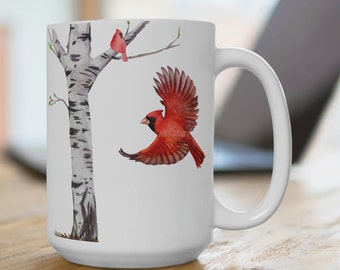 Cardinals Flying Mug Birch Cardinal Lover Gift Cardinal Red Mug Bird Mug Bird Watcher Gift Bird Lover Gift Cardinal Coffee Mug Lodge Mug