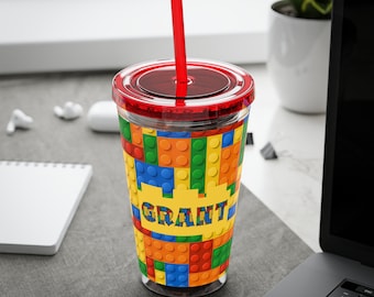 Personalized Building Block Cup with Straw Durable Acrylic Custom Name Gift for Builders Boys Birthday Christmas Gifts Blocks Constructions
