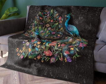 Peacock Crushed Velvet Blanket Throw Blankets Home Decor Gift for Her Couch Accent Soft Cozy Decorative Display Throws Housewarming Gift