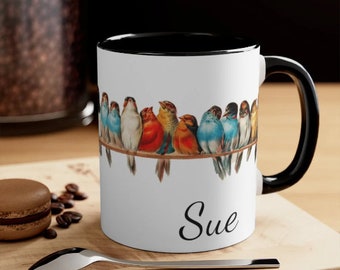 Personalized Bird Lovers Coffee Mug Bird Watcher Mugs Birding Birds on a Wire Custom Name Mug Birthday Gift Kitchen Home Decor Nature Decor