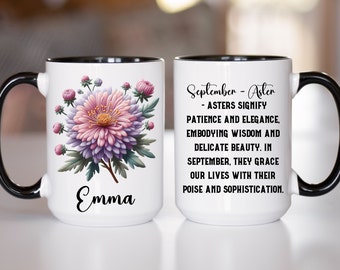 Birth Flower Month Mug Birthday Friendship Birth Flower Mug Embroidery Art Style Graphic Mug Gift Her Mothers Day Personalize Custom Name