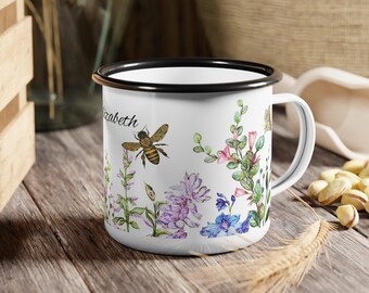 Personalized Wildflower Bee Enamel Mug: Botanical Camping Mug
