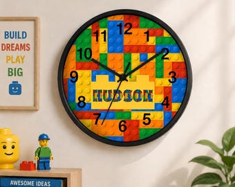 Personalized Building Block Wall Clock: Kids Room Decor