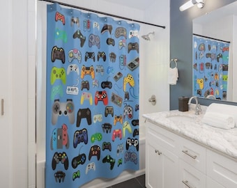 Video Game Shower Curtain Boys Bathroom Curtains Home Decor Bath Kids Teens Gaming Gifts Gift for Him Birthday Game Controller Game Bathroom