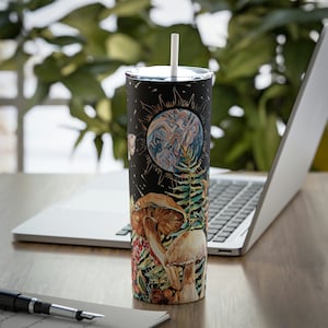 Mushroom Art Tumbler Retro Botanical Moon Mystical Sun Moon Tumbler Mushrooms Fungi Mycology Travel Coffee Mug Cottagecore Cup Gift for Her image 2