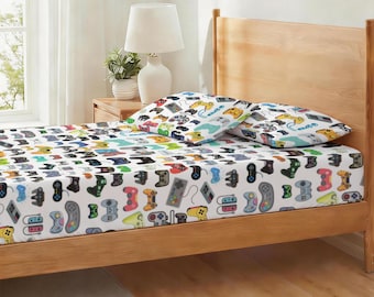 Video Game Controller Twin Fitted and Flat Sheets Plus Pillow Cases: Other Gamer Bedroom Decor, Boys Gaming Bedding