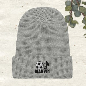 Personalized Name Soccer Beanie Winter Hat Kids Boys Gifts Embroidered Soccer Lover Birthday Gifts for Him One Size Boys Soccer Pom Pom Hat
