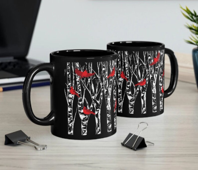 Cardinals on Birch Tree Coffee Mug Cardinal Lover Gift Red Bird Watcher Lodge Cabin Home Decor Decorative Ceramic 11 oz 15 oz Nature Lover image 2