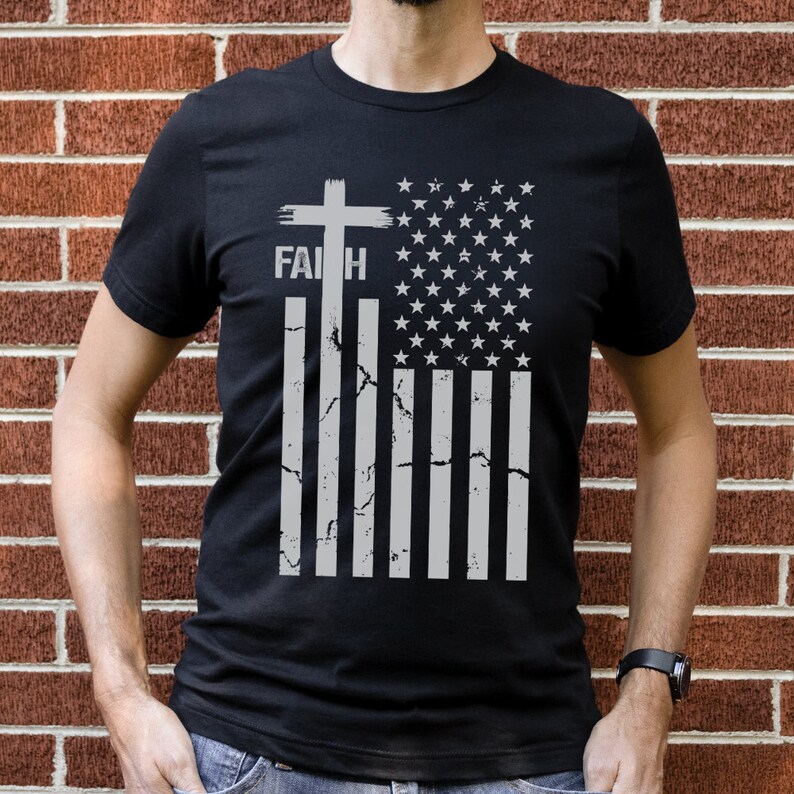 Faith Flag Shirt Distressed American USA United States of America Constitution Police Men's T-shirt Christian Patriotic Patriotism Gift Him Black