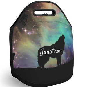 Personalized Wolf Neoprene Lunch Bag Boys School Supplies Boys Reusable Lunch Bag Gift for Him Wolf Lover Gift Name Gifts Nature image 3