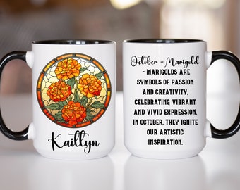 Personalized Birth Flower Month Mug Birthday Friendship Flower Mug Custom Name Stained Glass Art Floral Graphic Mug Gift for Her Mothers Day