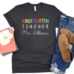 Custom Name Kindergarten Teacher Shirt Personalized Teachers Gift Teaching Gifts Cute Tshirts for Her Group Team T-shirt Womens Clothing Tee Dark Grey Heather