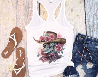 Boho Floral Skull Tank Top Cowgirl Shirts Summer Tank Southwest Clothing Western Mama Graphic Tee  Howdy Shirt Wild West Gift Skeleton