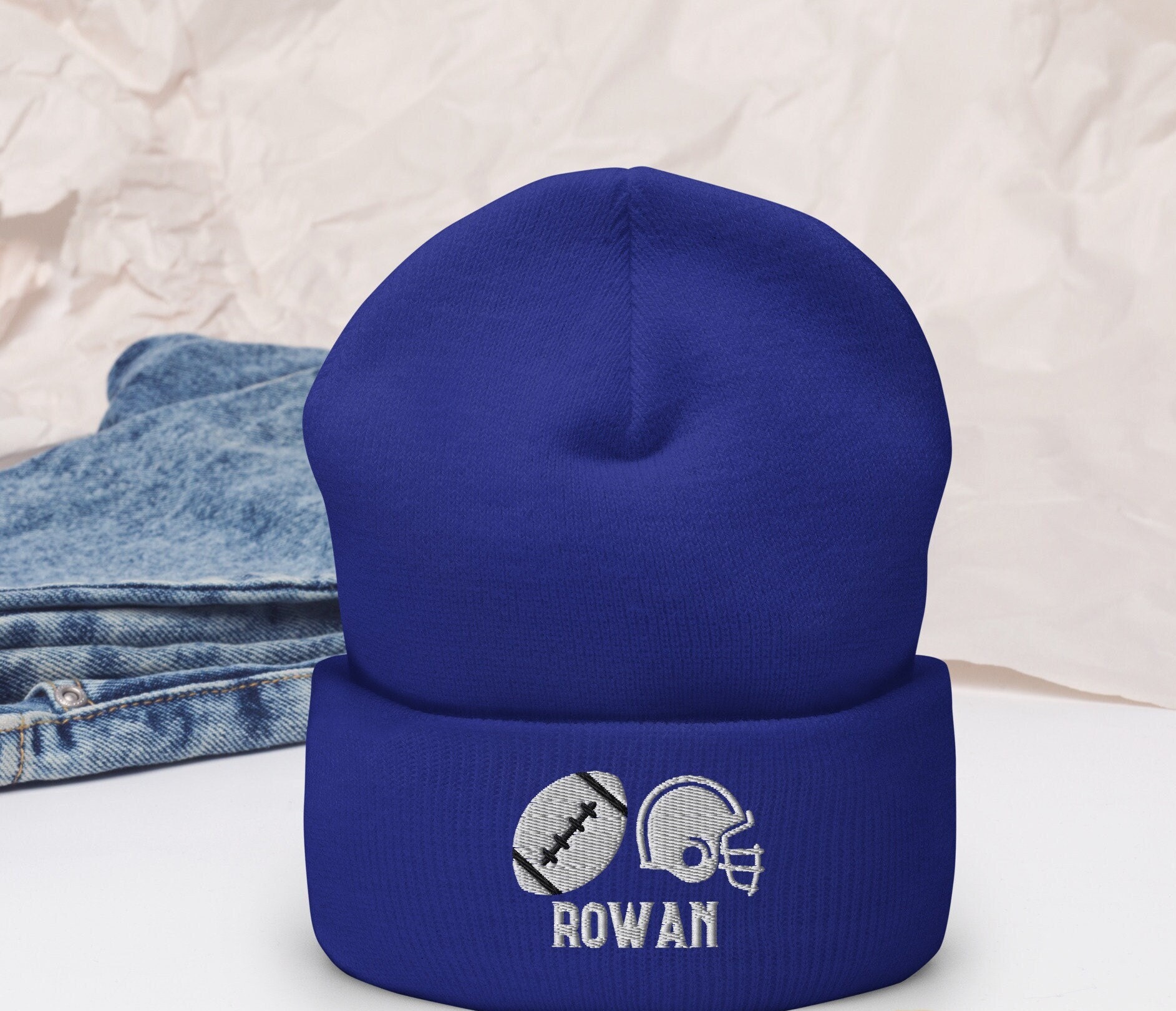 Personalisierter Name Fußball-Beanie mit Bommel, Fußball-Wintermütze, Geschenke für Kinder und Jungen, bestickt, Fußball-Liebhaber, Geburtstagsgeschenke, Einheitsgröße, mit Bündchen