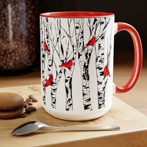 Cardinals on Birch Tree Mug 15 oz Cardinal Lover Gift Nature Birder Mug Bird Watcher Lover Gift Coffee Lodge for Mom Mothers Day for Her