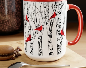 Cardinals on Birch Tree Mug 15 oz Cardinal Lover Gift Nature Birder Mug Bird Watcher Lover Gift Coffee Lodge for Mom Mothers Day for Her