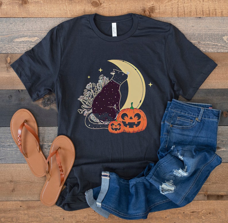 Vintage Black Halloween Shirt Black Cat Half Moon Pumpkin image 1