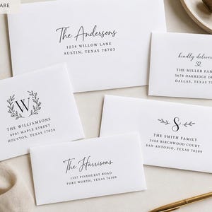 May include: A collection of white envelopes featuring various black printed return addresses and monograms. The text includes names like The Andersons, The Williamsons, The Miller Family, The Smith Family, and The Harrisons with their respective addresses.