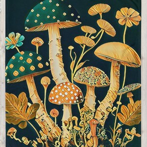 Black Vintage Graphic Mushroom Blanket Cottagecore Leaves image 6