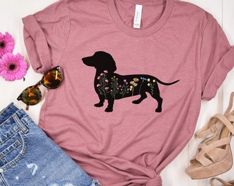 Wildflower Dachshund Shirt Wiener Dog Shirts Dog Lover Tee Floral Shirt Gifts Watercolor Flower Gift for Dog Lovers Animal Lover Tshirt Cute