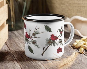 Cardinal Enamel Coffee Mug Campfire Mugs Home Decor Bird Lover Gift Camping Cups 12 oz Cup Gift to Mom Christmas Holiday Cup Nature Berries