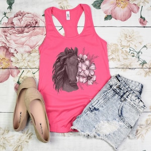 Sketched Floral Horse Tank Top Womens Racerback Tanks Equestrian Farm Animal Summer Shirts Trainer Rider Riding Gifts for Her Cute Clothing image 5