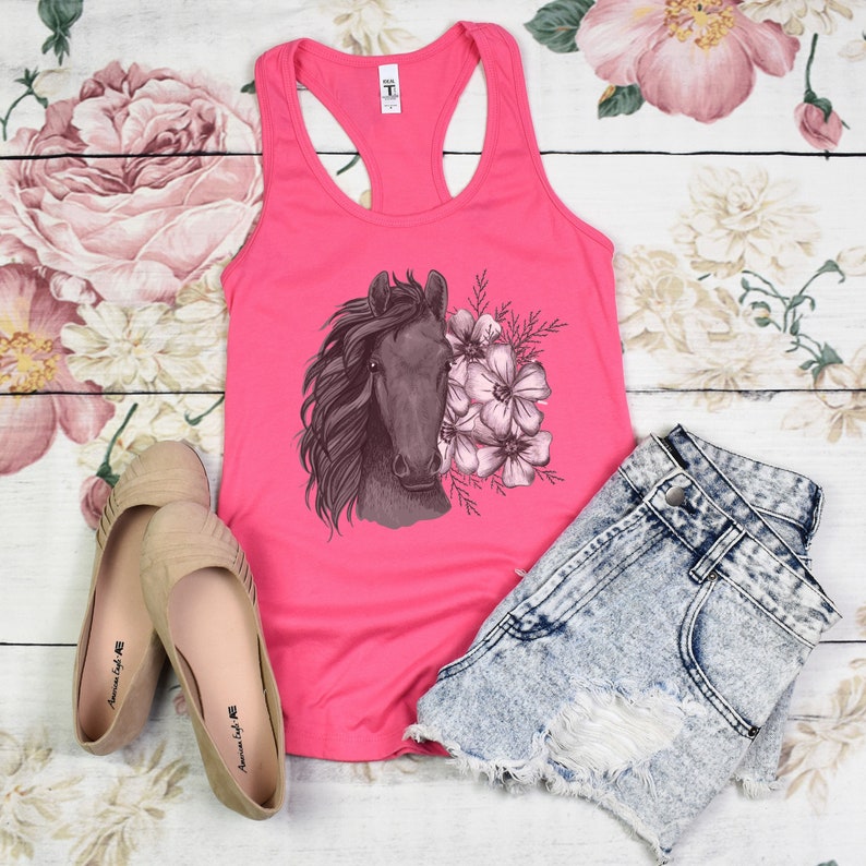 Sketched Floral Horse Tank Top Womens Racerback Tanks Equestrian Farm Animal Summer Shirts Trainer Rider Riding Gifts for Her Cute Clothing image 5