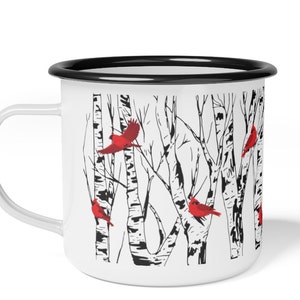 Cardinal Birch Tree Enamel Coffee Mug Campfire Mug Home Decor Bird Lover Gift Camping Style Mugs 12 Ounce Cup Red Birds Unique Gifts image 3