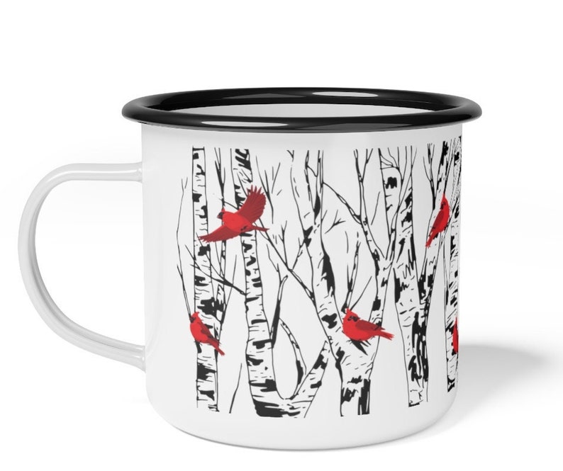 Cardinal Birch Tree Enamel Coffee Mug Campfire Mug Home Decor Bird Lover Gift Camping Style Mugs 12 Ounce Cup Red Birds Unique Gifts image 3