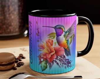 Personalized Name Hummingbird Accent Coffee Mug, 11oz Flower Mug Beautiful Colors Home Decor Gift for Her Mothers Day Gift Idea