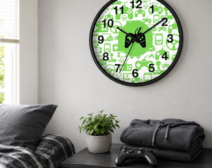 Gaming Controller Wall Clock: 10 Inch Round Gamer Decor, Silent Movement Wood Frame