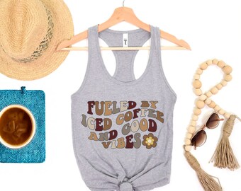 Coffee Tank Top Iced Coffee Good Vibes Summer Tanks Retro Shirts Trendy Womens Tank Tops Graphic Tee Gift for Her Beach Tees Pool Top