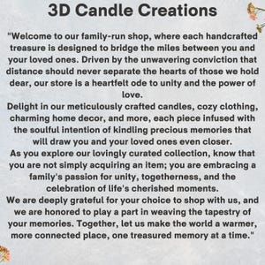 K&ouml;nnte beinhalten: Ein Textbild mit wei&szlig;em Hintergrund und schwarzem Text. Der Text lautet "3D Candle Creations" und enth&auml;lt ein Zitat &uuml;ber die Mission des Ladens, Menschen durch handgefertigte Artikel zusammenzubringen. Das Zitat betont die Bedeutung von Einheit, Zusammengeh&ouml;rigkeit und der Feier der gesch&auml;tzten Momente des Lebens.