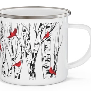 Cardinal Enamel Coffee Mug Birch Tree Cardinals Lover Gift Campfire Bird Watcher Gifts Bird Lover Gift Birds Lodge Home Decor Camping Decor image 6