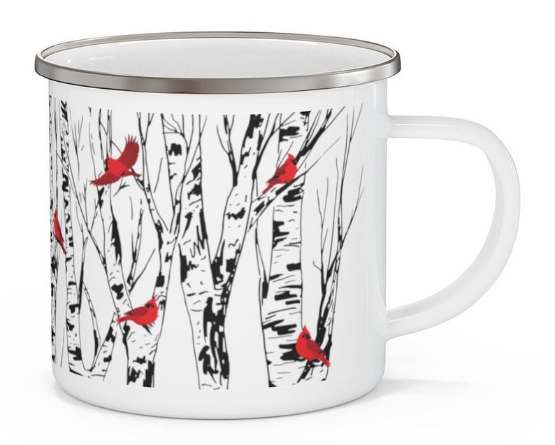 Cardinal Enamel Coffee Mug Birch Tree Cardinals Lover Gift Campfire Bird Watcher Gifts Bird Lover Gift Birds Lodge Home Decor Camping Decor image 6