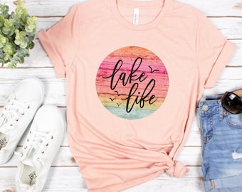 Lake Life Shirt for Women Boating T-shirt for Her Cute Boat T Shirts Top Womens Clothing Retro Sun Sunset Nature Lover Gift Outdoor Summer T