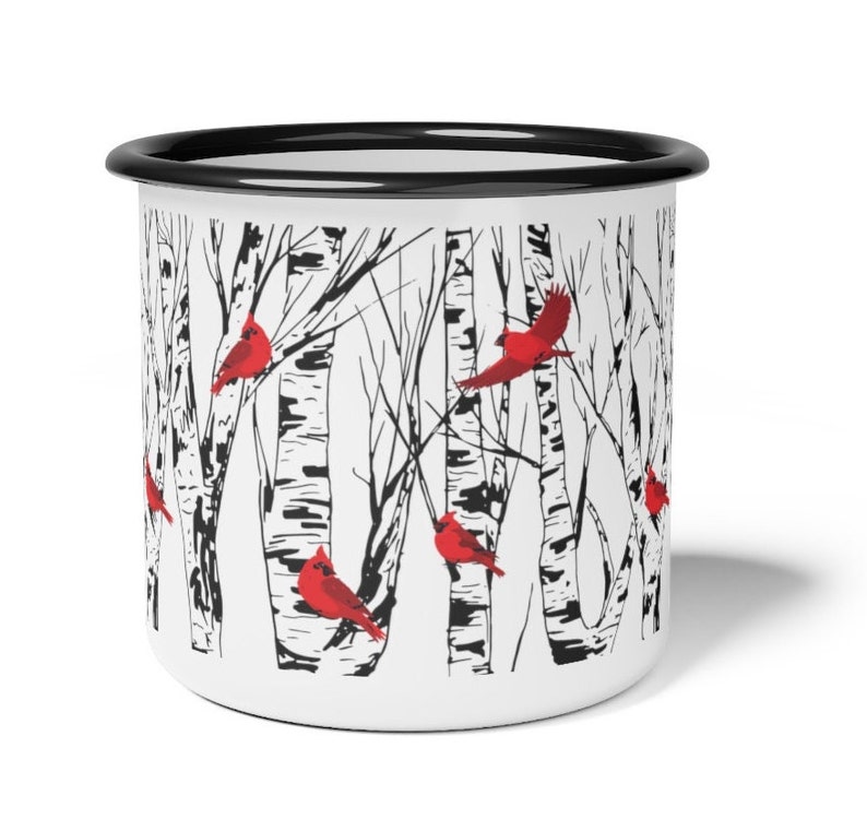 Cardinal Birch Tree Enamel Coffee Mug Campfire Mug Home Decor Bird Lover Gift Camping Style Mugs 12 Ounce Cup Red Birds Unique Gifts image 2