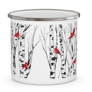 Cardinal Enamel Coffee Mug Birch Tree Cardinals Lover Gift Campfire Bird Watcher Gifts Bird Lover Gift Birds Lodge Home Decor Camping Decor image 5